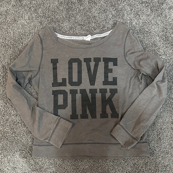 PINK Victoria's Secret Tops - PINK Victoria's Secret Gray Sweatshirt with Black Lettering